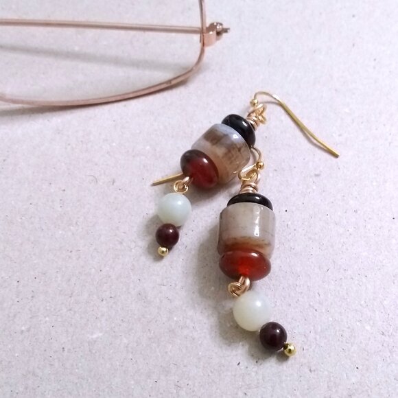 Handmade Fall Dangle Earrings - Neutral Autumn Colors - Semi-Precious Stones - Picture 2 of 5